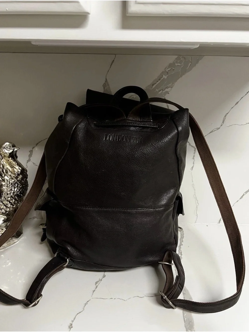 Vintage London Fog Dark Brown Pebbled Leather Backpack Rucksack - VGUC